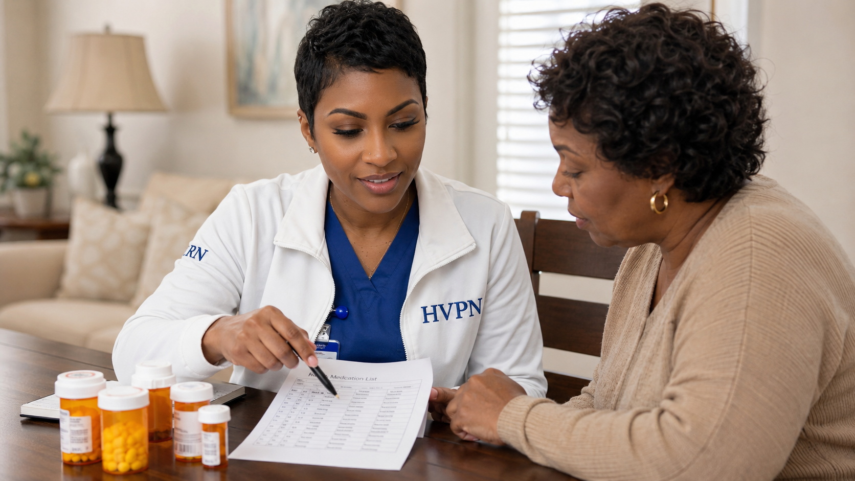 Medication bottles organized on a table, caregiver reviewing with an RN, calm setting