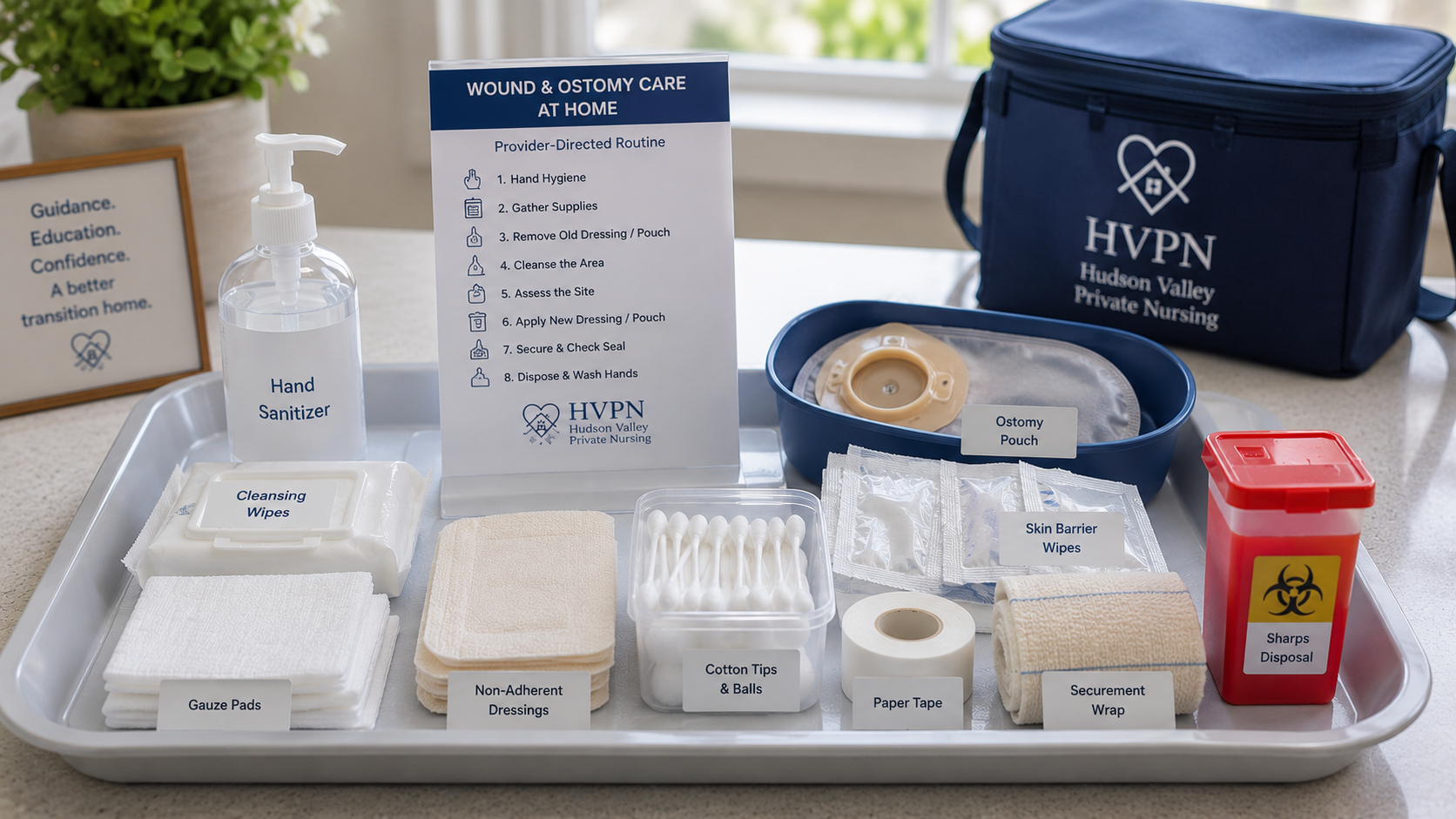 Organized wound care supplies on a clean tray, clinical but approachable
